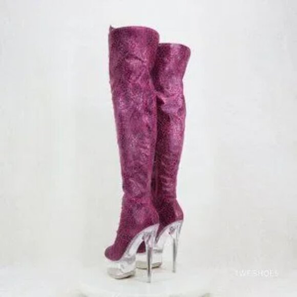 Bulls Fuchsia Purple Leopard Glitter OTK High Clear Platform Boots - Picture 7 of 7